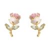 Party Jewelry Enamel Flower Earrings Elegant Zircon Small Earrings Pink Rose Studs Earrings  Girls