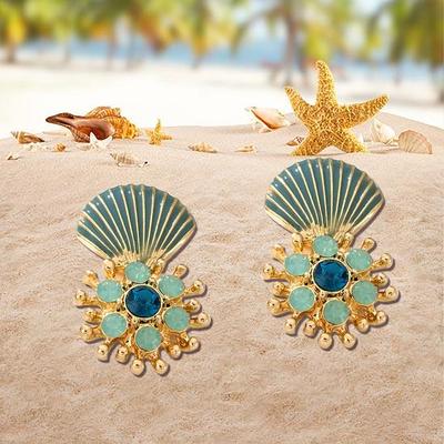 Blue Scallop Stud Earrings, Beach Ocean Vacation Shell Earrings, Shiny Rhinestone Earrings, Women's Seaside Play Wear