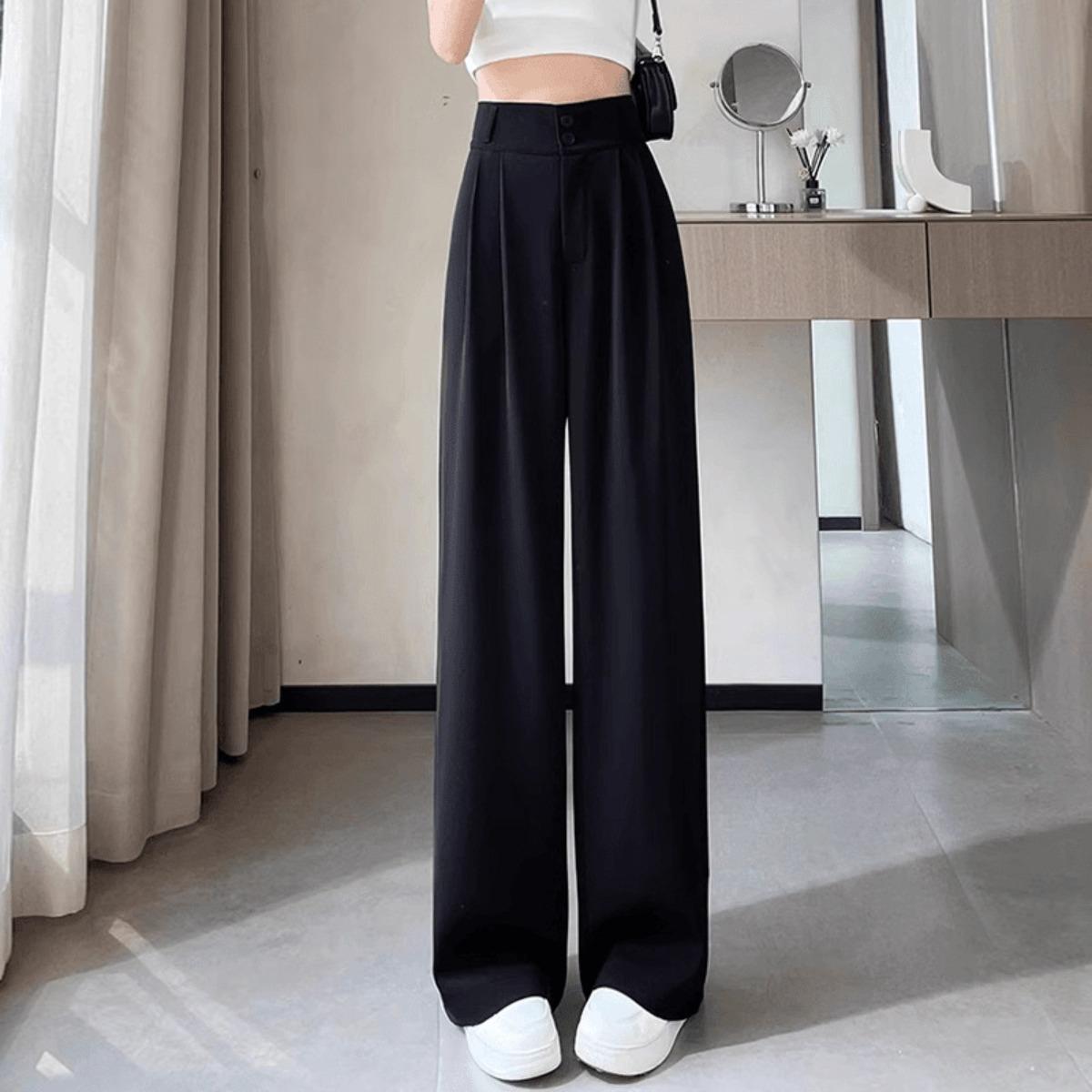 

Черные брюки для костюма, драпированные женские корейские облегающие, женские тонкие брюки для костюма с высокой талией, прямые повседневные широкие брюки, летние S чёрный