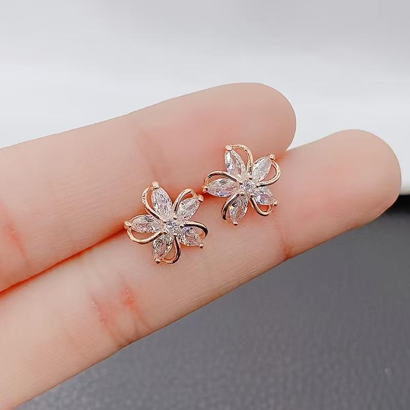 S925 Sterling Silver Zirconia Five-Petal Flower Stud Earrings for Women