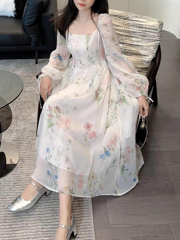 French Elegant Print Square Collar Mini Dress Women Fashion Chiffon Long Sleeve Party Dresses Female Vintage Beach Lace Up Clothing Fairy