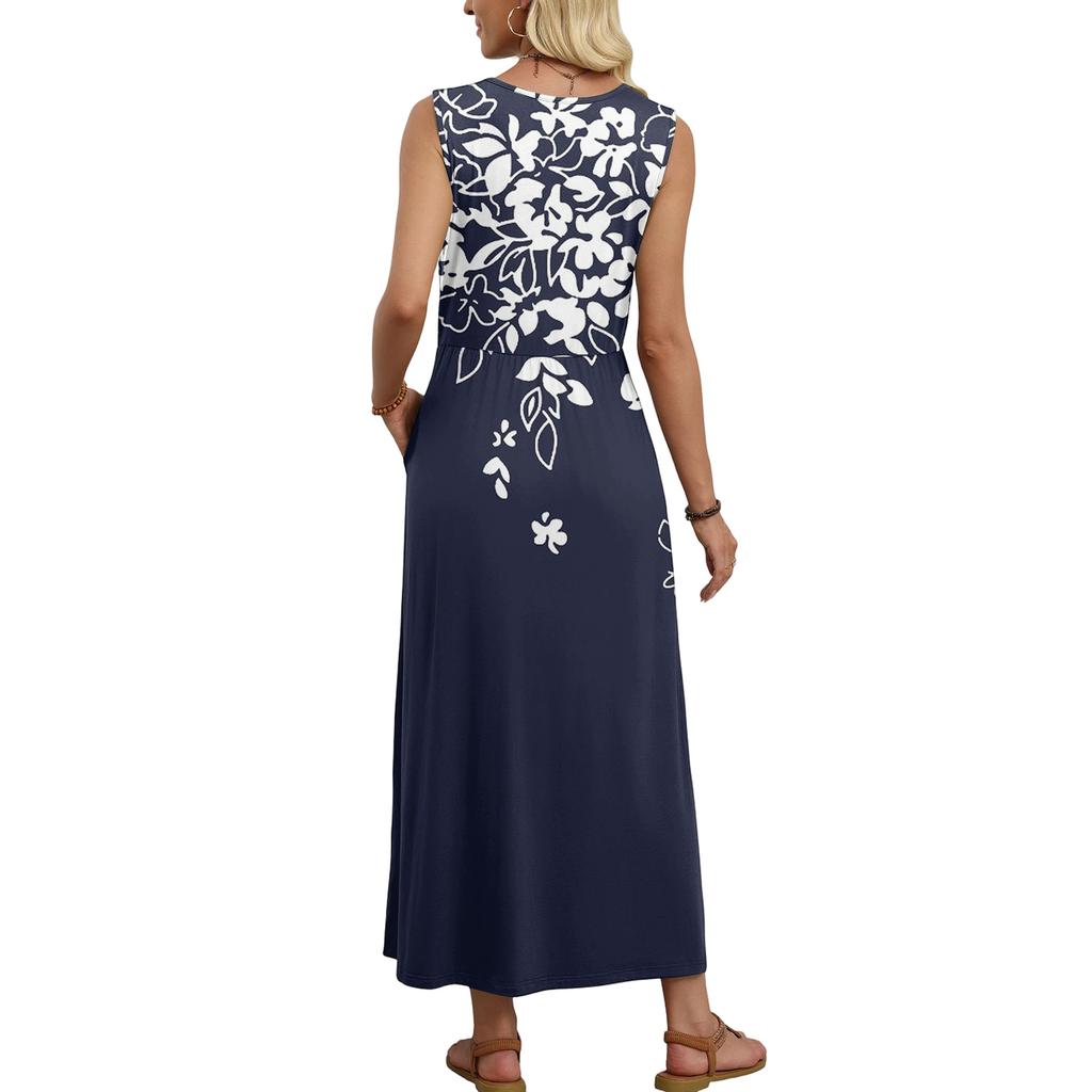 Ladies' Floral Print Casual And Fashionable Waist Cinched Sleeveless Dress