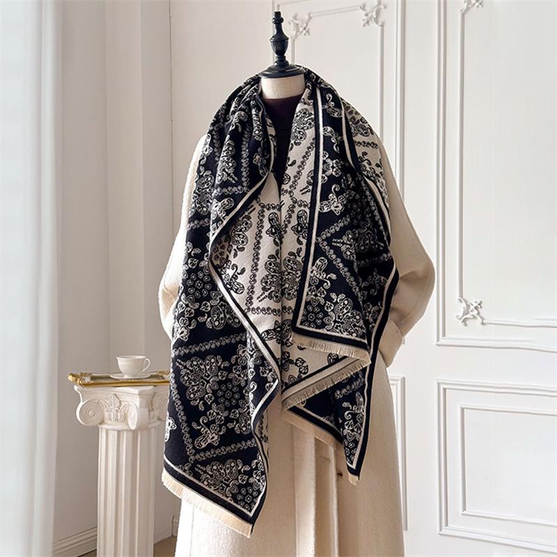 Winter Cashmere Scarf for Women Luxury Warm Shawl Floral Print Windproof Cape Pashmina Handerchief Designer Female Scarf
