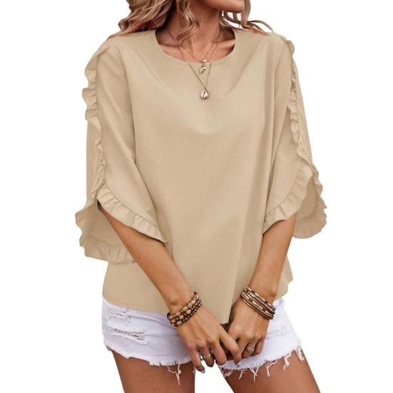 

Женские топы с круглым вырезом, кружевной отделкой, рукавом 3/4, однотонные свободные топы, футболка на каждый день S абрикосовый