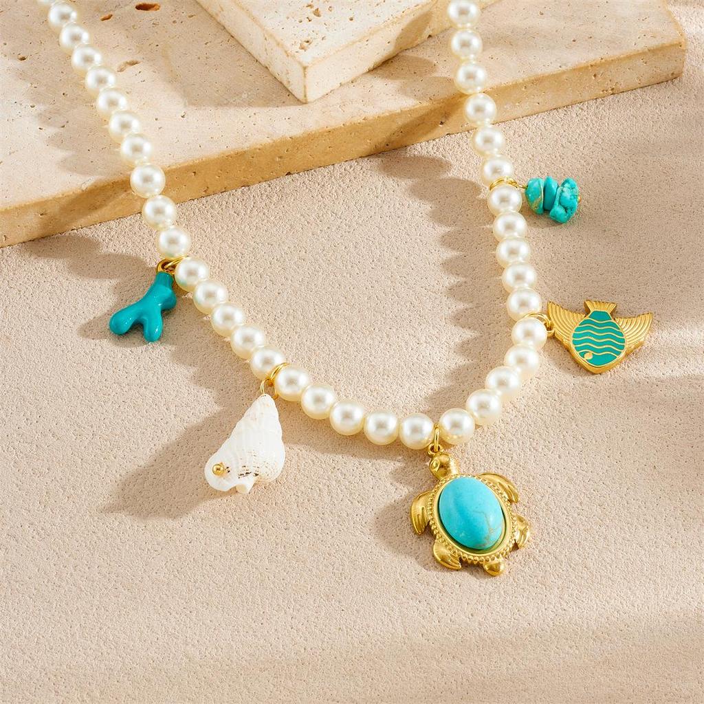 Fashion Stainless Steel Faux Pearl Pendant Necklace with Cherry and Starfish Design for Women