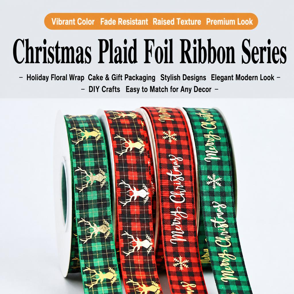 Gold Foil Checkered Christmas Ribbons 25 Yards/roll 2cm Width Assorted Set for Gift Wrapping Holiday Decor DIY Crafts