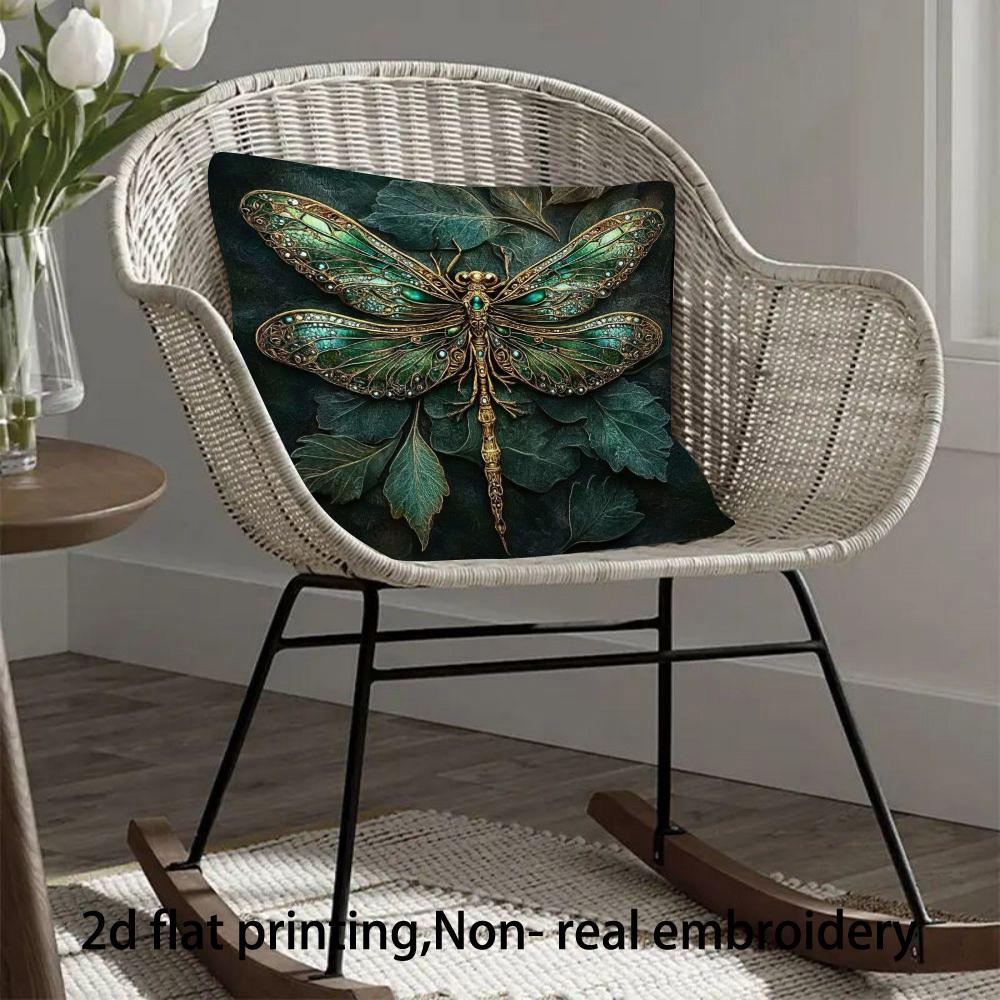 1Pc Of Luxurious Decorative Pillowcase - Elegant Dragonfly Pattern In Green Gold - Single-Sided Printed Unfilled Design