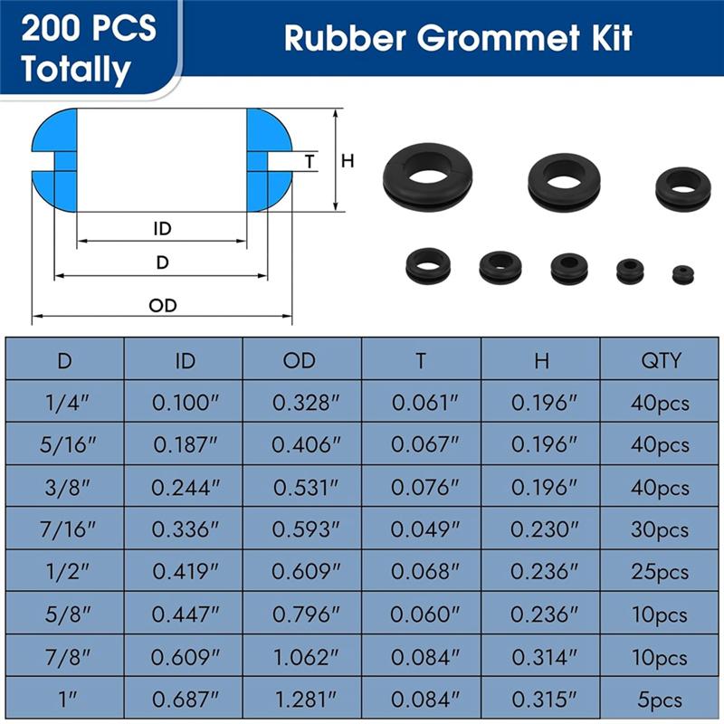 A25F-Rubber Grommet Kit Hollow 200Pcs, Hallow Firewall Grommets Assortment 8 Sizes Wire Grommets For Wiring, Hole Plugs,Automoti