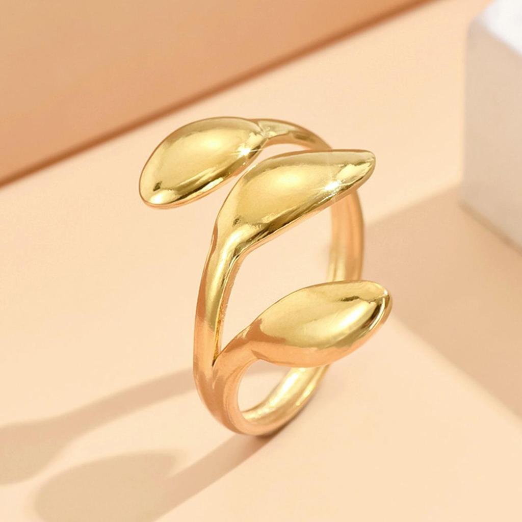 Gold-Plated Adjustable Leaf Stainless Steel Ring - Fashionable Forest Style, Non-Fading, Sweet & Cool Design