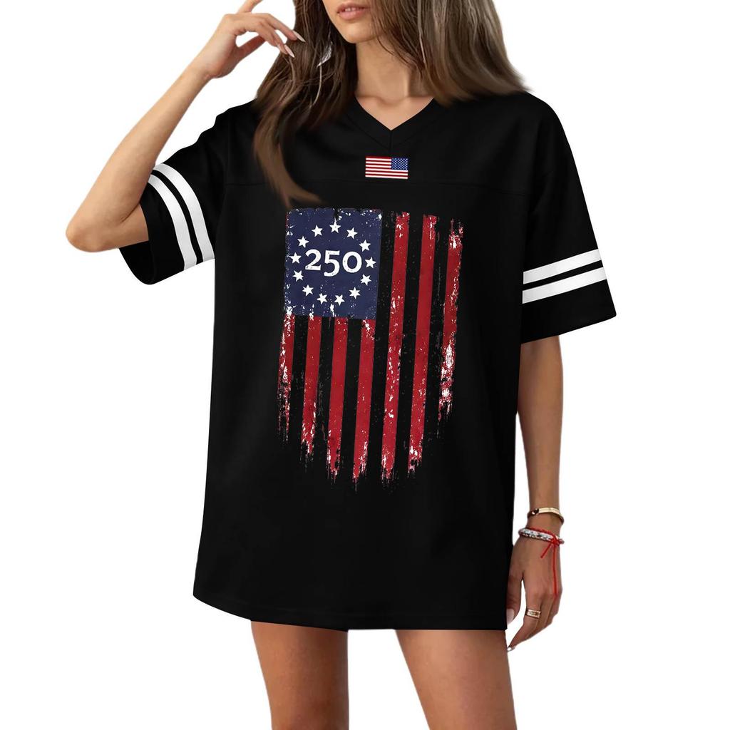 Women's Casual Fashion V-Neck Sports Independence Day Print Short Sleeve Sports T-Shirt Top