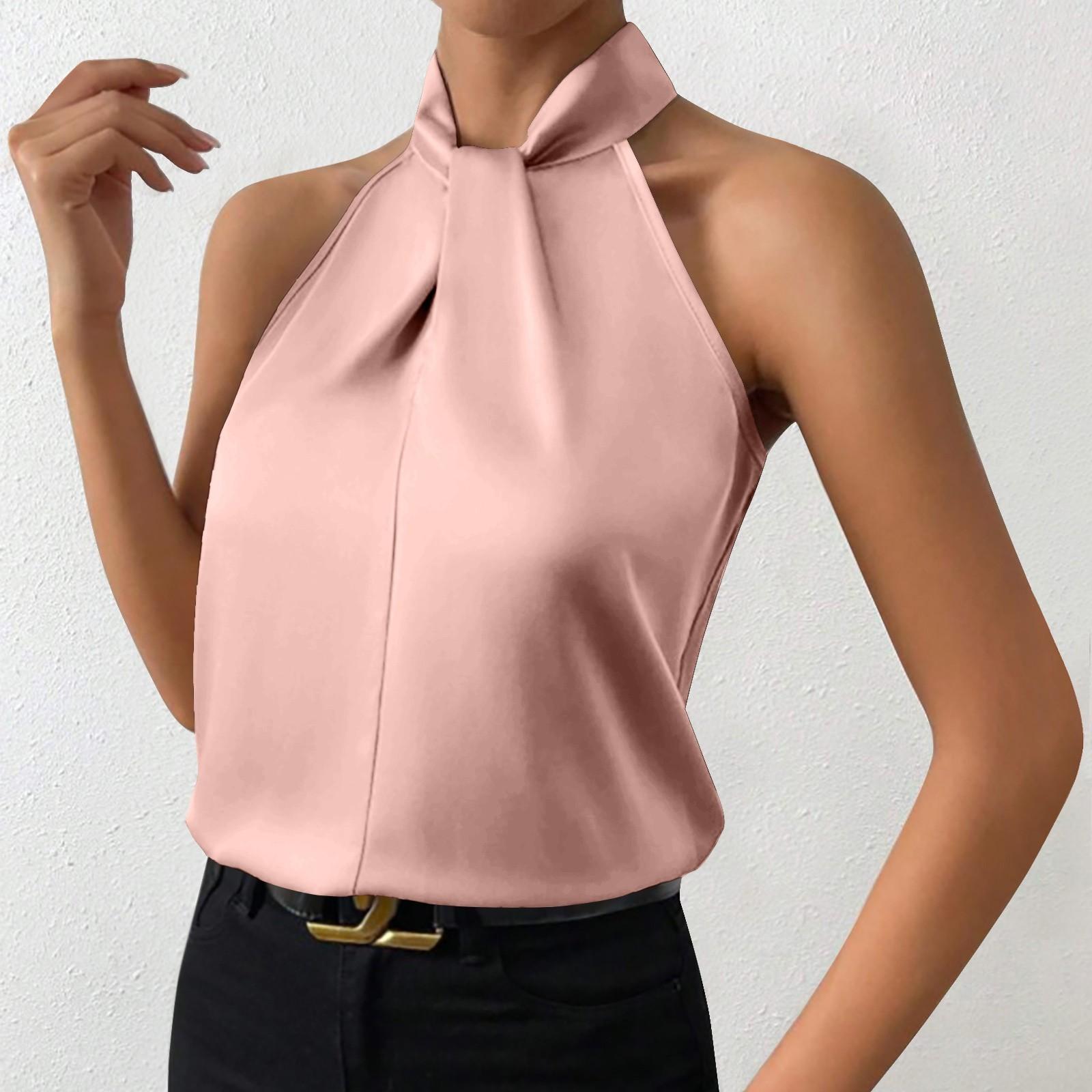 

Женская мода сплошной цвет шеи висит без рукавов сексуальный жилет топ XL розовый