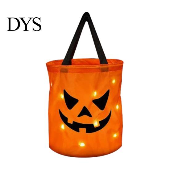 Creative Pumpkin Gift Pouch Glowing Candy Bag with LED Lights, Reusable Halloween Treat Night Visibility Bucket Tote for Kids, Trick or Handbag Party