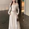 Pure Desire Lace Patchwork Ruched Two-Piece Set: One-Shoulder Cropped Top & Gentle Skirt with Long Sleeves