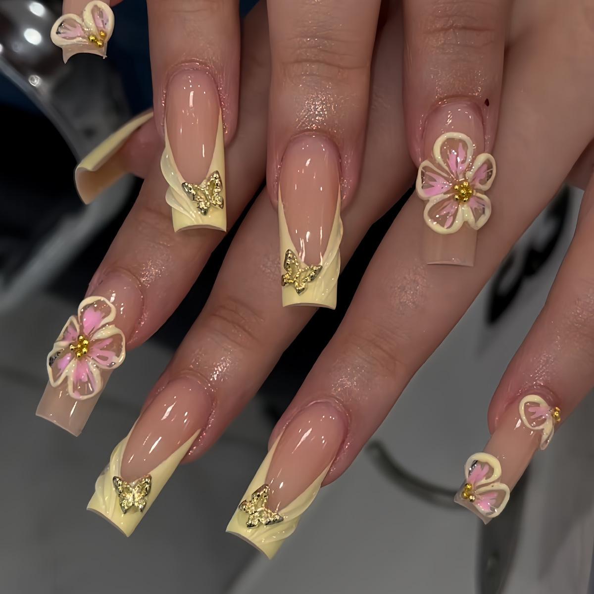 

24Pcs Extra Long Coffin Press On Nails, Nude with Yellow French Tips & 3D Flower & Gold Butterfly Fake Nails United States