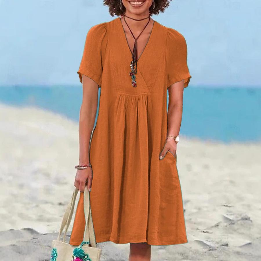 Nuovo Vestito Estivo Casual da Donna Lento Moda Retro Cotone Lino Manica Corta Scollo a V Ruffled