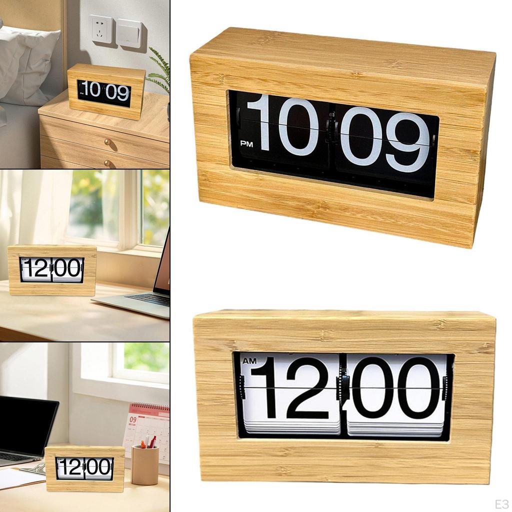 Digital Flip Clock with Wooden Frame for Desk Display 21.5x7.2x12.3cm AM/PM Hotel Yoga Room