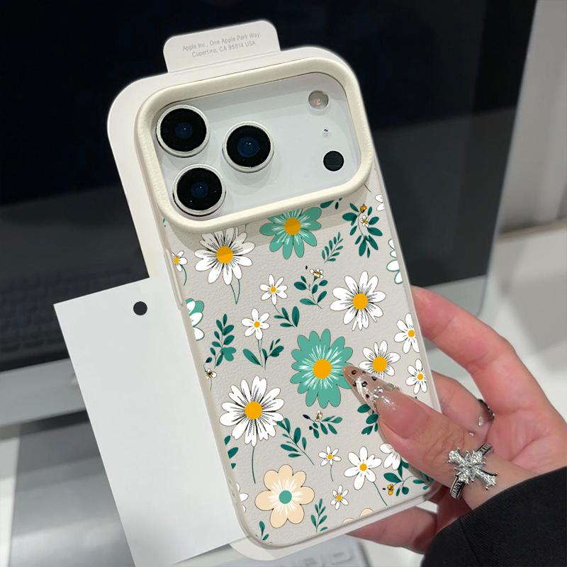 Cartoon Daisies Flower Pattern Case For iPhone 17 Pro Max iPhone 16 15 14 13 Pro Max 11 17e 16e Luxury Leather Texture Soft Silicone Matte Cover