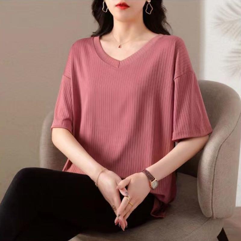 Fat Ladies Plus Size Short Sleeve Ice Silk T-Shirt Summer Loose V-Neck Top Elegant Comfortable Pullover