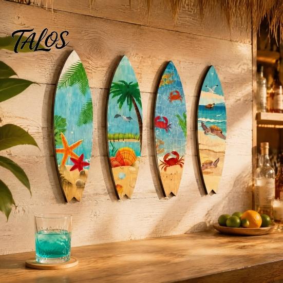 Tropical Beach House Ornament 4Pcs Wooden Surfboard Wall Hanging Decoration, Summer Seaside Art Signs, Party Lightweight Theme Pendant for Bathroom