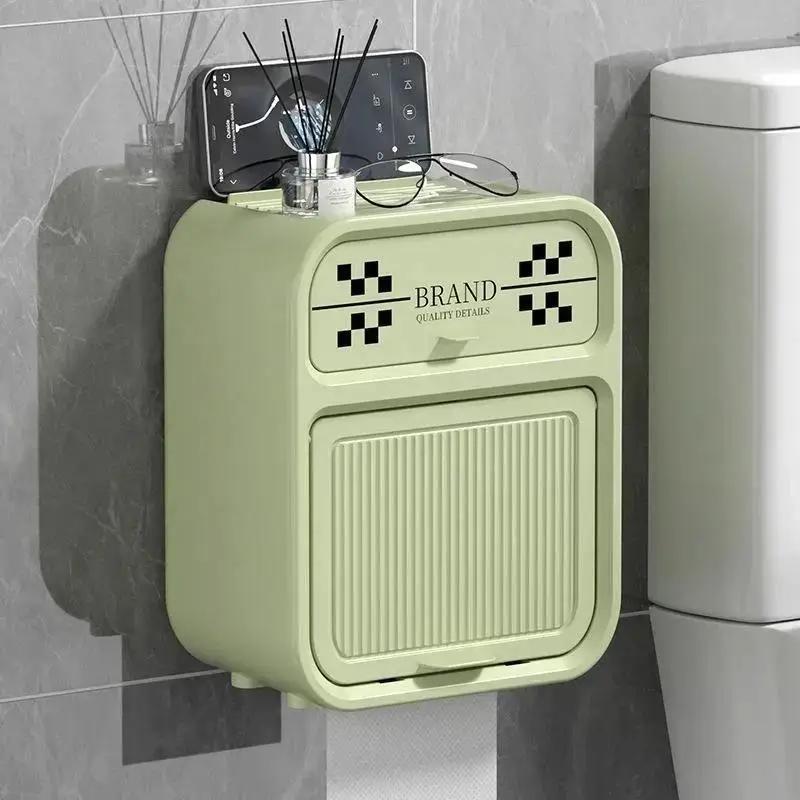 Nordic Style Checkerboard Bathroom Paper Towel Box Double Layer Shelf Waterproof No Perforated Wall Mounted Roll Paper Boxes