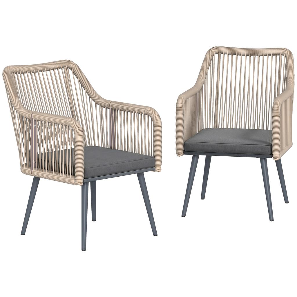 Set aus 2 Gartenstühlen mit Kissen und Armlehnen, aus Stahl und PE-Rattan, 54x65x80 cm, Dunkelgrau