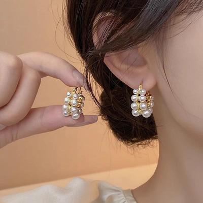 2024 New Retro Unique Double Row Pearl Earrings Women's French Light Luxury Earrings Earrings