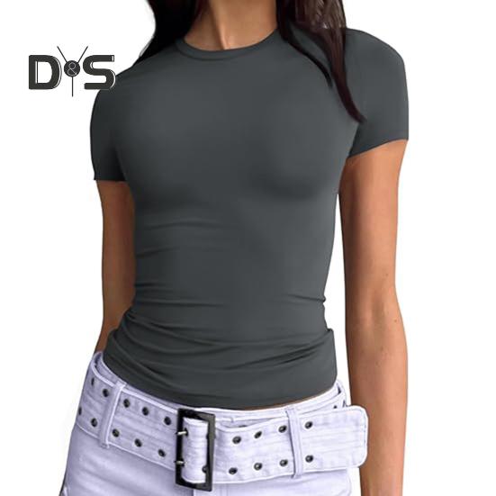 Dámské tričko s kulatým výstřihem a krátkým rukávem, jednobarevné tričko, slim fit, letní pulovrové topy, do práce, pro každodenní nošení