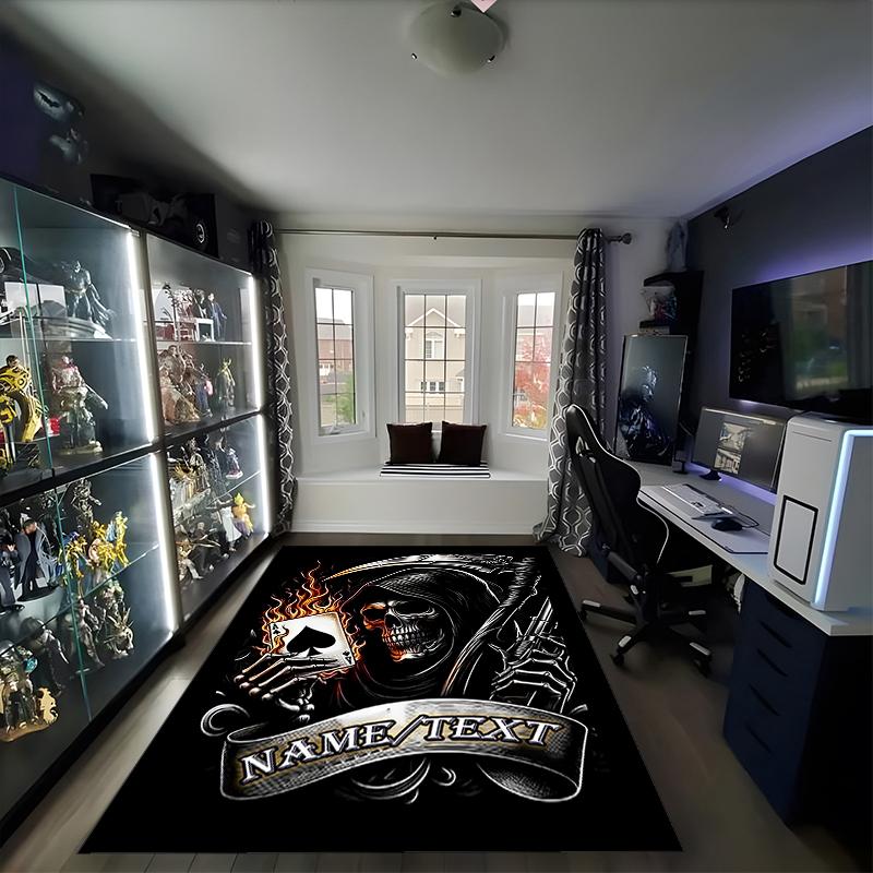 1PC Custom Name "Skull Flames: Grim Reaper Art" Theme Floor Mat Ideal for Living Room, Game Rooms, Office, Bedroom,Floor Mat Playful Design