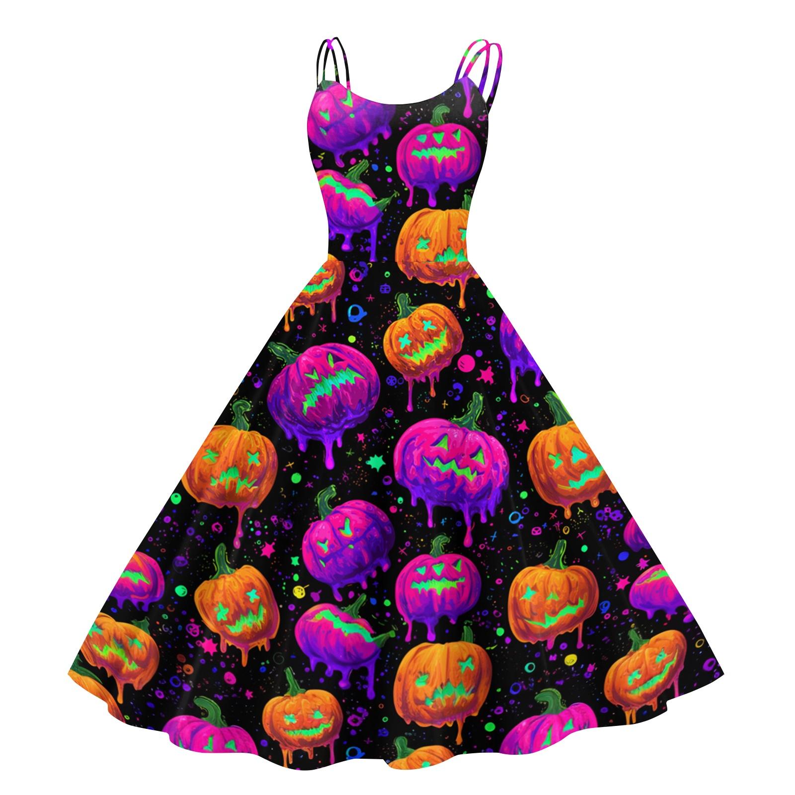 

Women s Halloween Print Off Shoulder Dress Punk Vintage Style Sleeveless Spaghetti Strap Dress with Flared Skirt for Costume Party M фиолетовый
