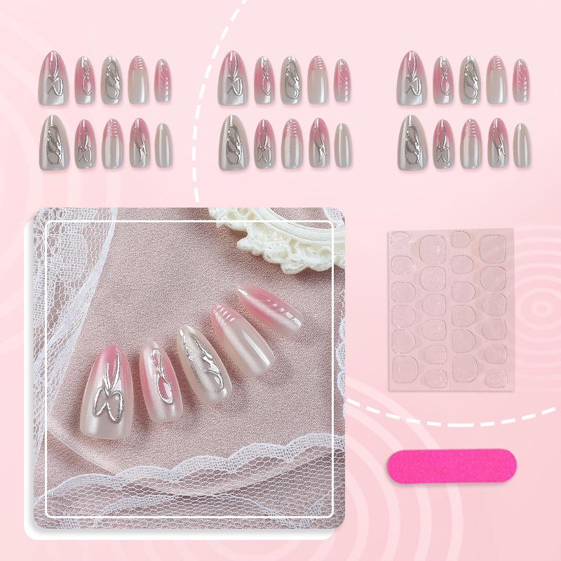 3D Bow Wearable Handmade Magic Mirror Silver False Nails with French Glitter Diamond Art Pieces
