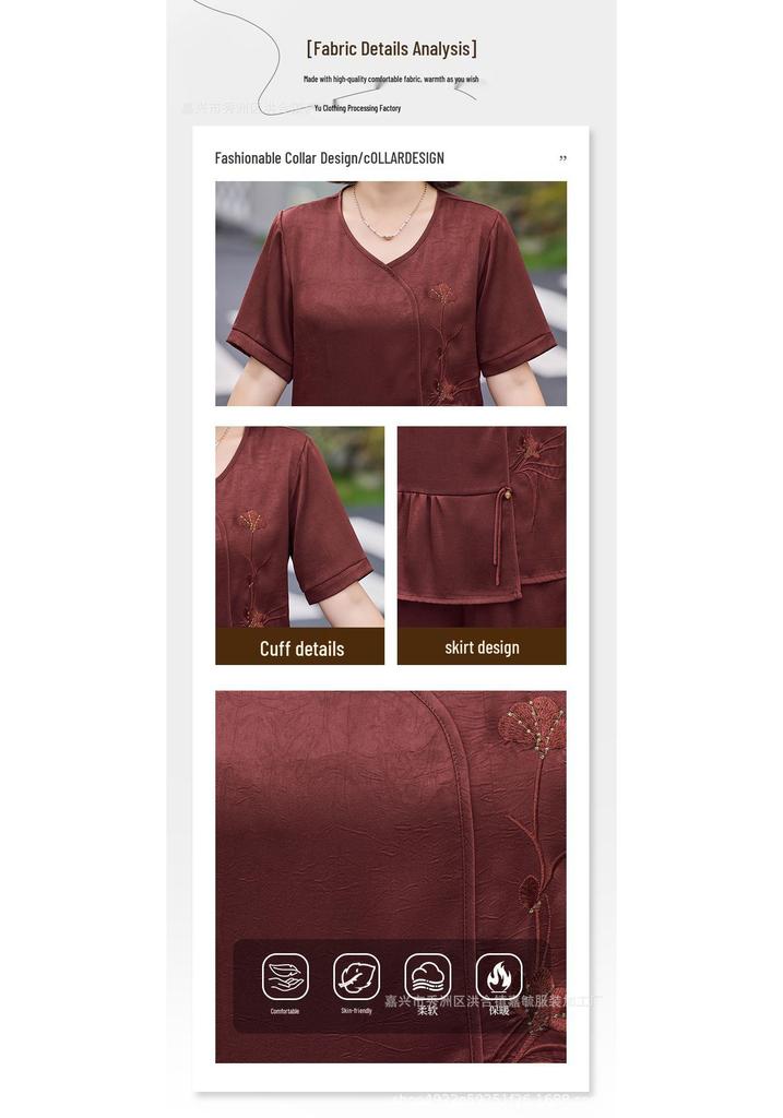 Elegantes Sommer-T-Shirt und Shorts Set mit Stickerei für reife Frauen