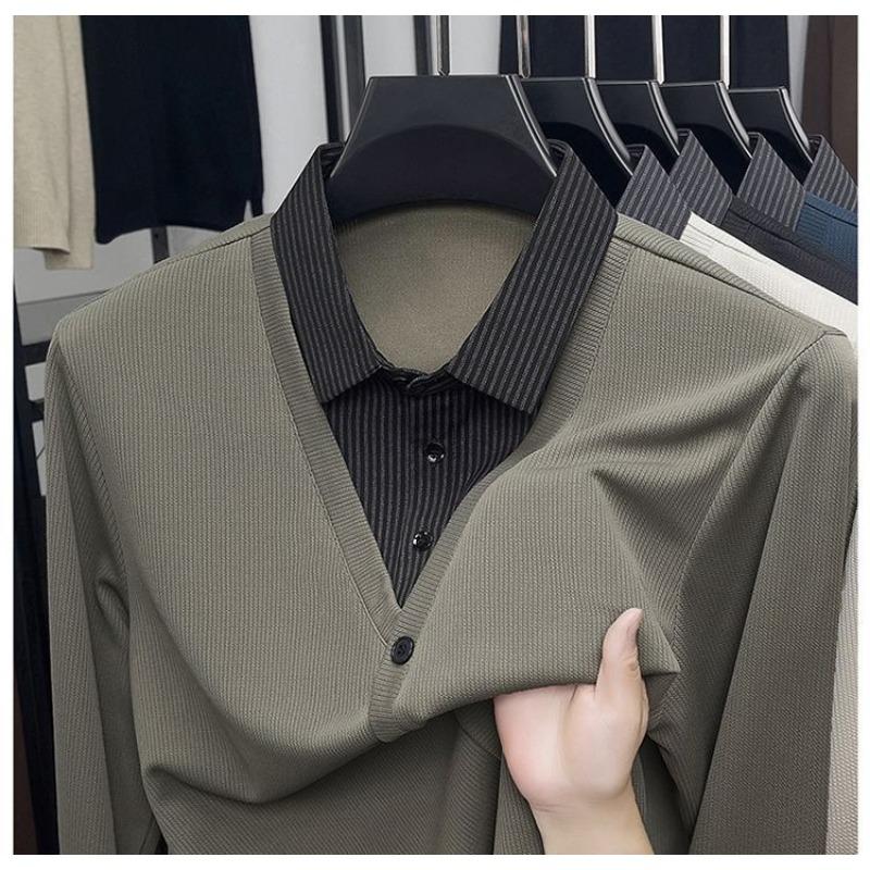 Men S Fake Two Piece Knit Sweater Shirt Collar Business Autumn Top