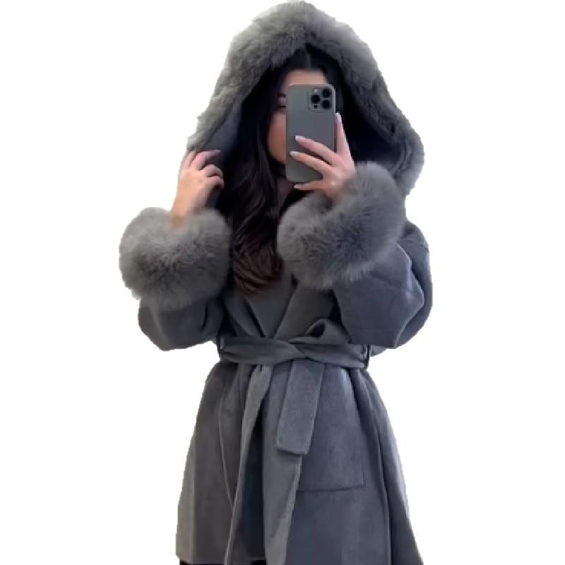 Womens Winter Hooded Wrap Coat Short Wool Blend Oversized Outerwear In Gray Khaki