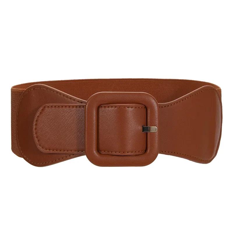 

Women s Fashion Wide Belt Square Pin Buckle Imitation leather elastic Waist Strap Costume matching decoration Dress Waistband fk girdle 6cm X75cm коричневый