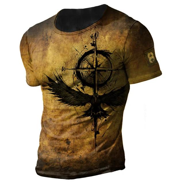 Summer Round Neck 3D Print Vintage Compass Pattern Top Fashionable Casual Short Sleeved Men's T-shirts