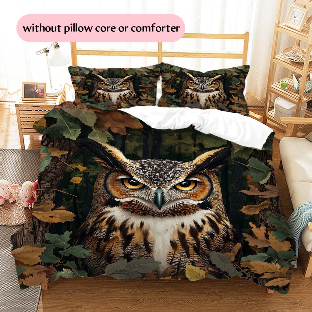 Owl and Leaves Pattern Bedding Home Decoration Birthday Gift (1 * Duvet Cover + 2 * Pillowcase, Without Core)