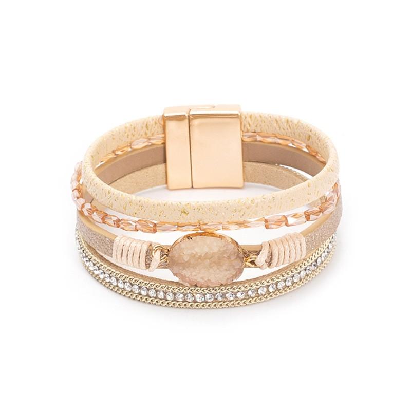 Crystal Rhinestone Vintage Ethnic Beaded Magnetic Clasp Leather PU Bracelet Women Men