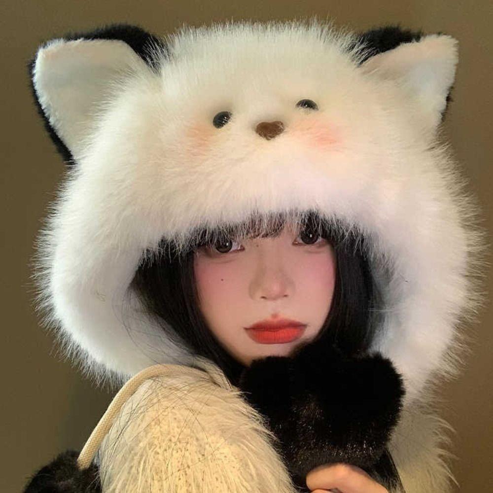 Warm Cute Ear Hat Plush Women Fluffy Hat Autumn Pompom Beanie Cap Female