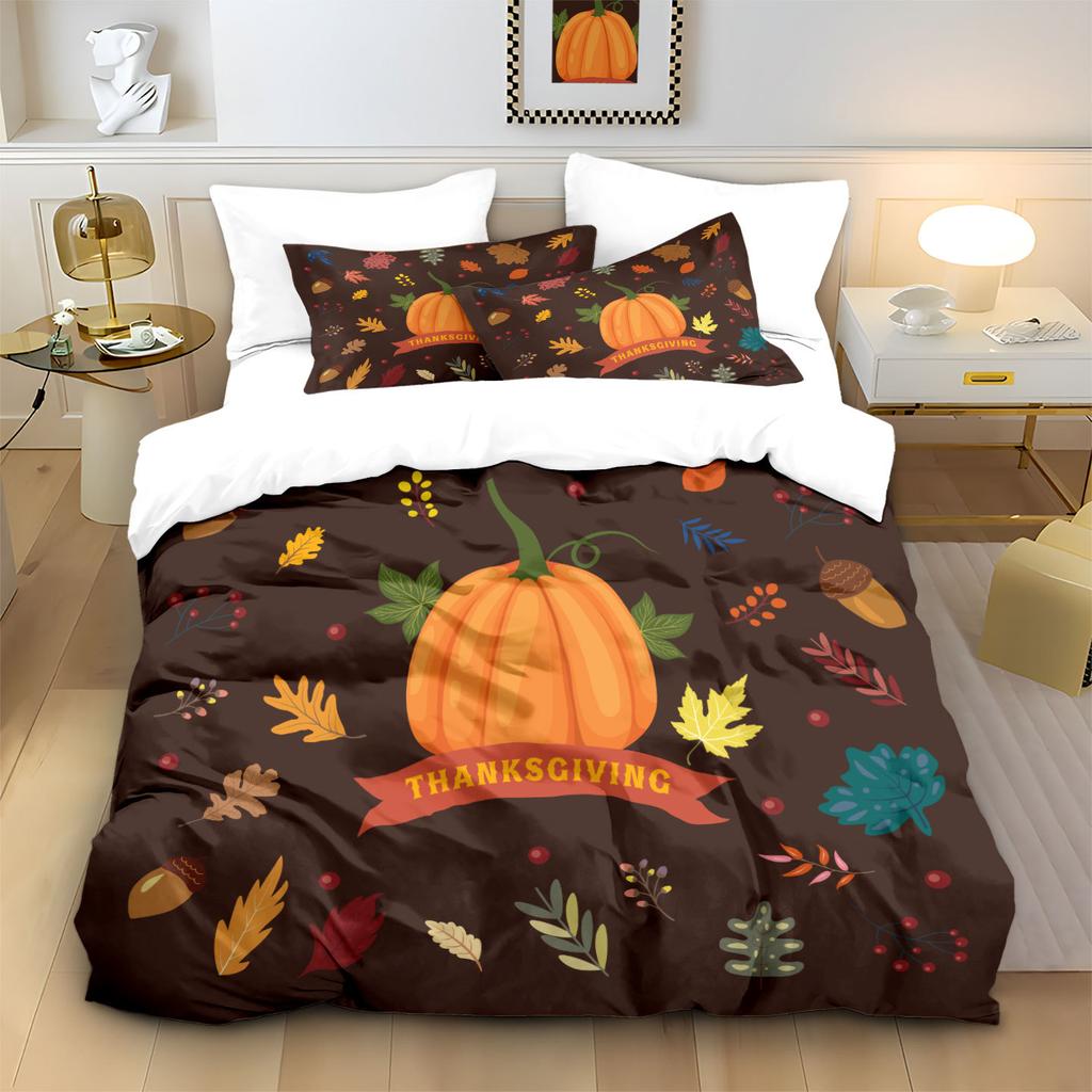 Thanksgiving Quilt Cover Three-Piece Pumpkin 3D Printed Bedding Polyester Pillow Cover Quilt Cover