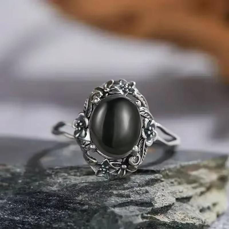 Vintage 925 Sterling Copper Ring Natural Black Onyx Ring Oval Round Stone Retro Fine Zircon Gift Sun Shaped For Women Men