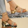 Fashion Fashion Golden Thick Heels Sandals for Women 2025 Open Toe Square Toe Crystal Party Shoes Woman Plus Size Chunky Heel Sandles