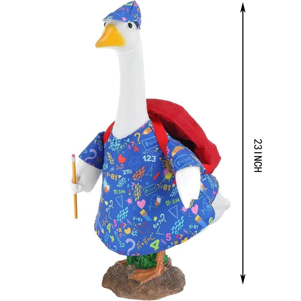 3 Piece Porch Goose Costume Set Garden Courtyard Home Front Door Decoration Blue Goose Printed Dress Red Backpack