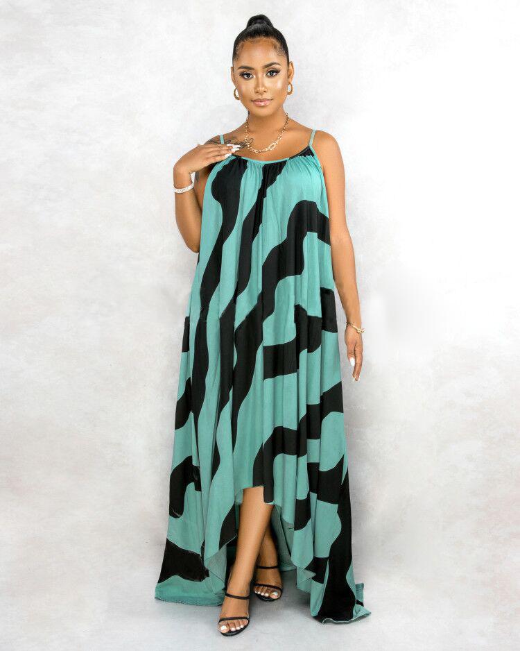 H153 Europäisches Sexy Damen Maxikleid mit unregelmäßigem Print und Spaghettiträgern
