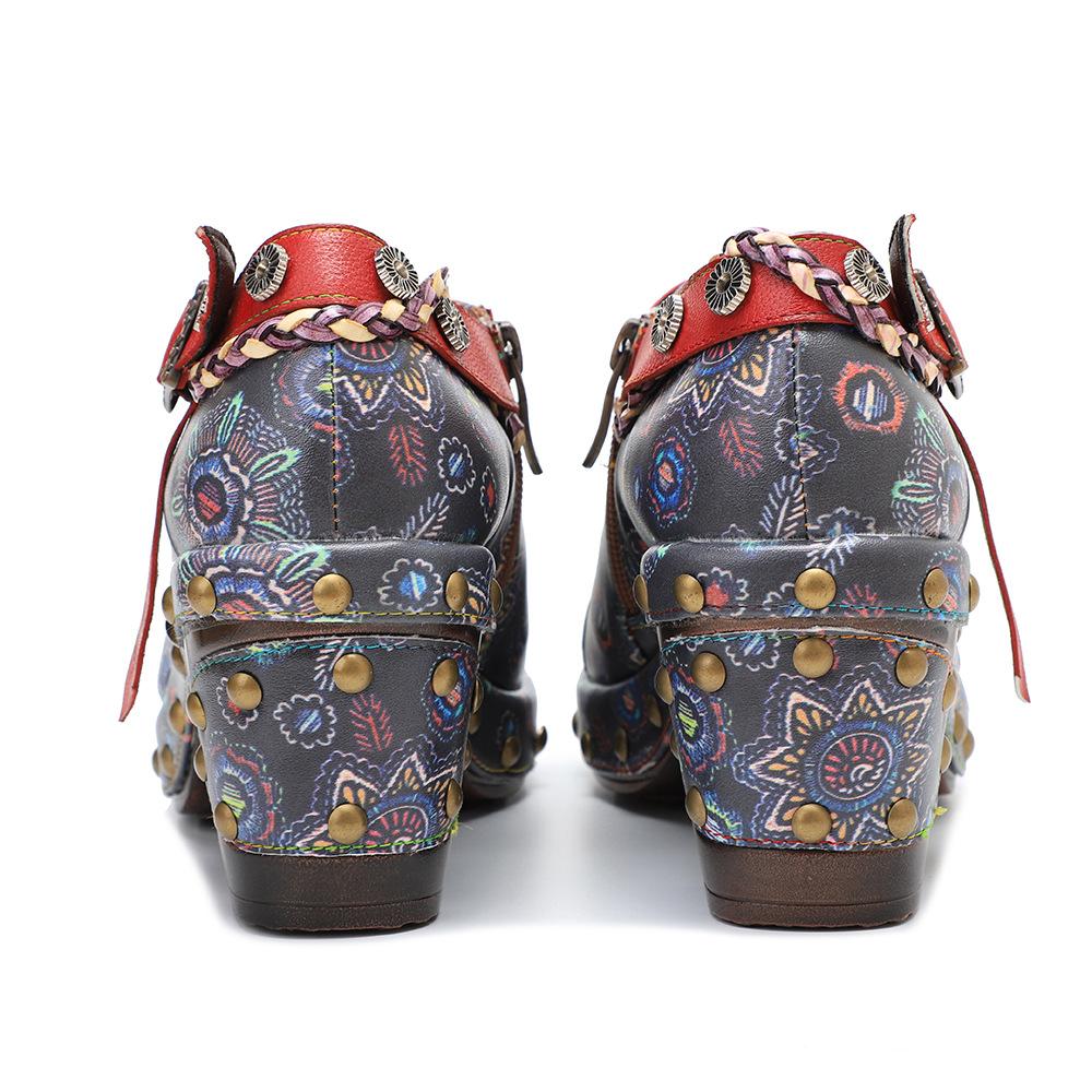 7.5cm Sheepskin Leather PU Ethnic Summer Chunky Heel Women Handmade Print Ladies Fashion Moccasins Metal Decoration Shoes