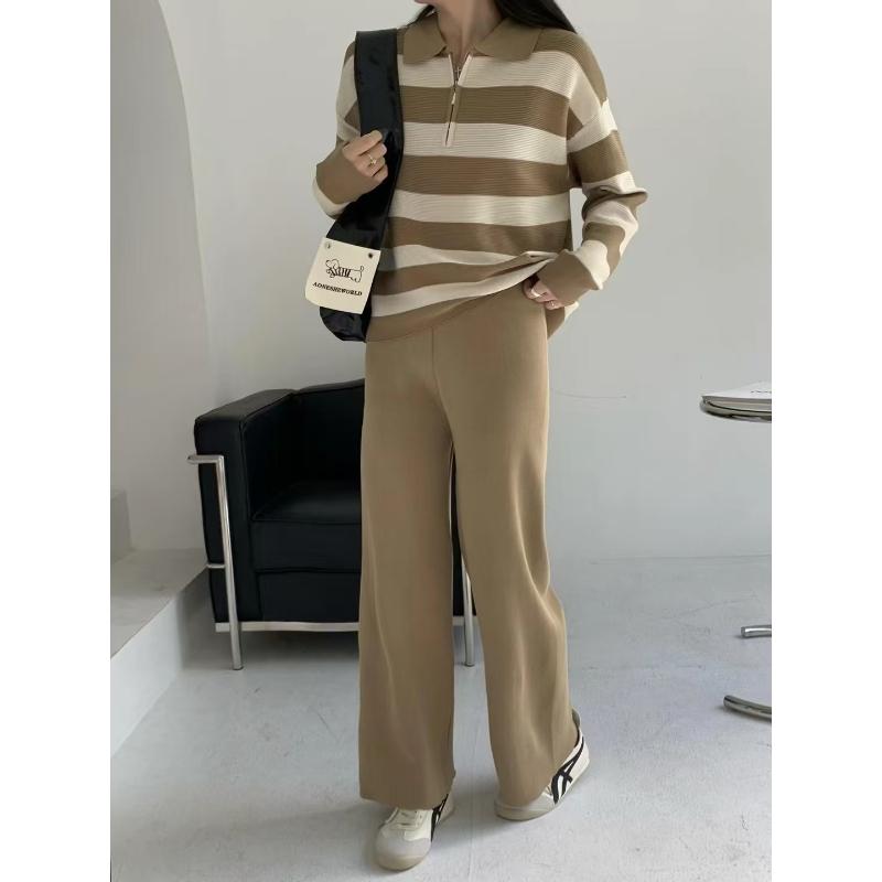 

Новая осенняя коллекция для высоких людей: Повседневный и модный вязаный топ с воротником поло, вязаный комплект с широкими брюками свободного кроя One size верблюд