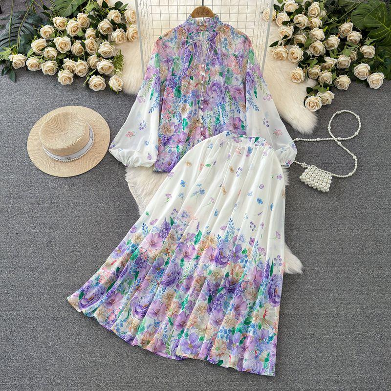 

Socialite Graceful Stand Collar Positioning Print Fashion Suit Purple S