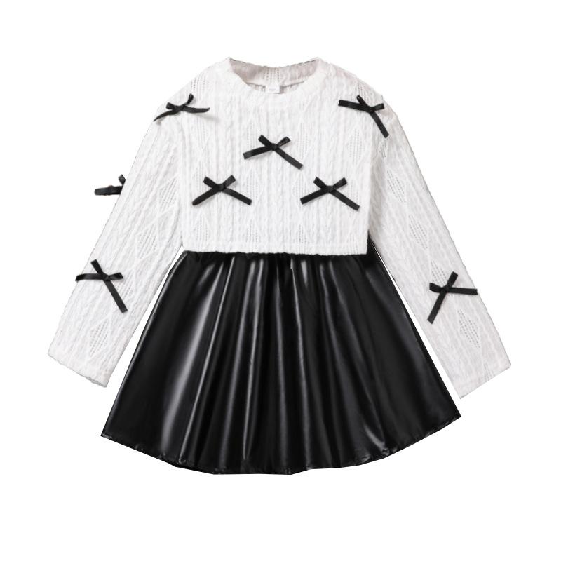 Flickors Mode Set Höst Barns Söt Rosett Långärmad Topp och Kjol Tvådelat Set