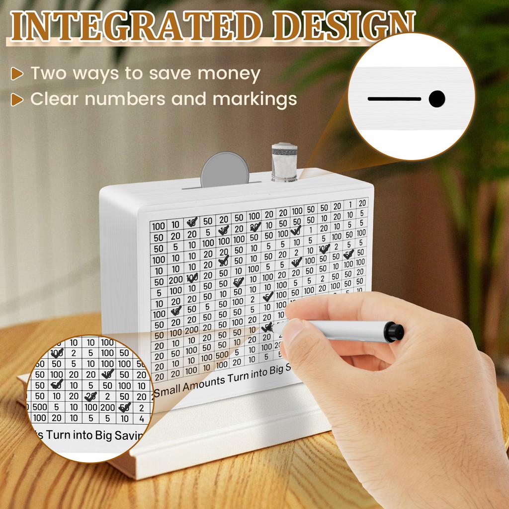 Money Saving Box Wooden Money Boxes One Piece Designed Money Boxes with Stickers Two Slots with Saving Goal and Numbers Boxes