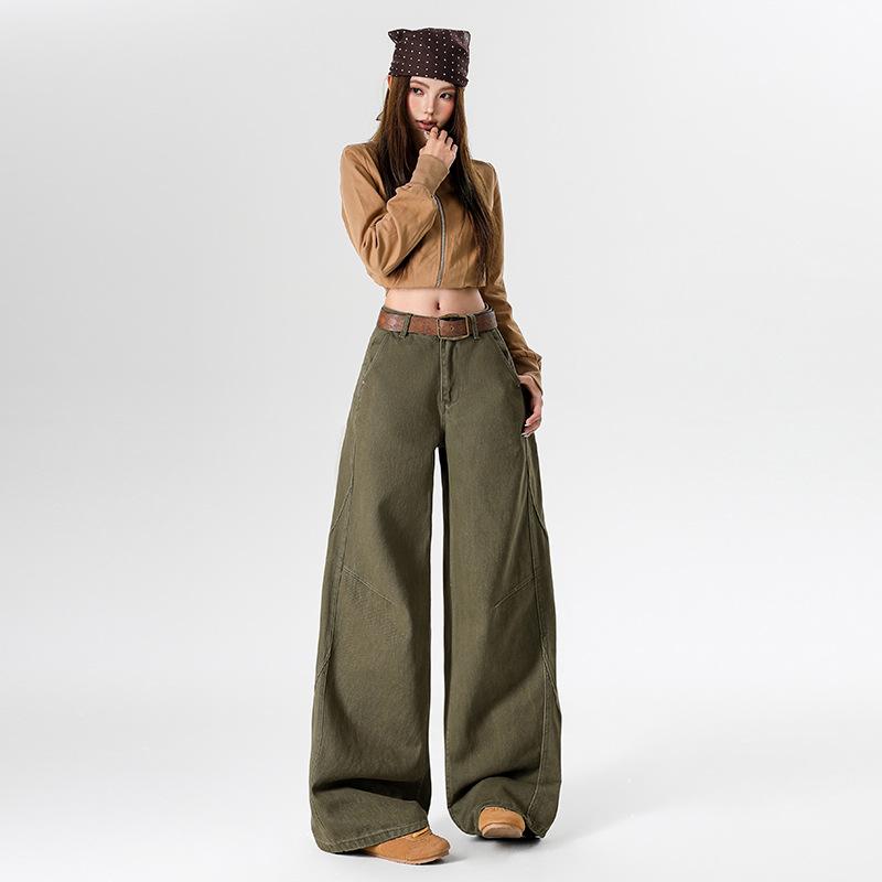 American wide-leg jeans women's autumn and winter new deconstruction design sense retro loose and thin straight scimitar pants