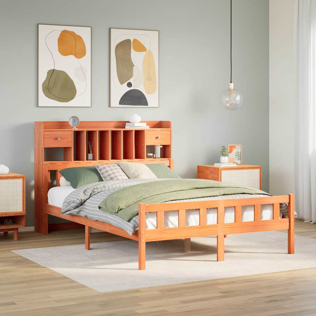 Solid Wood Bed with Shelf Without Mattress Wax Brown 150 x 200 cm